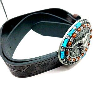 Western Brown Vegan Leather Belt 43 Inches With Beaded Buckle- Unisex